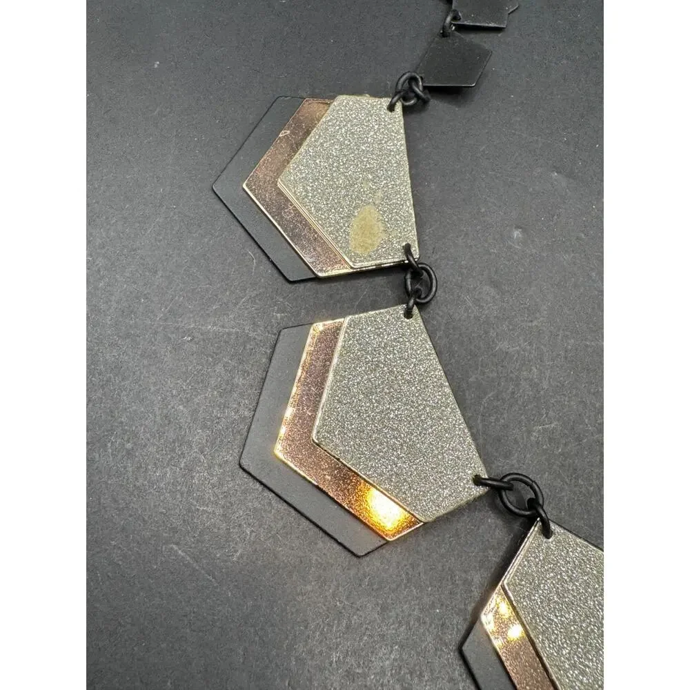 Express Signed Silver Glitter Black and Gold Geometric Statement Necklace